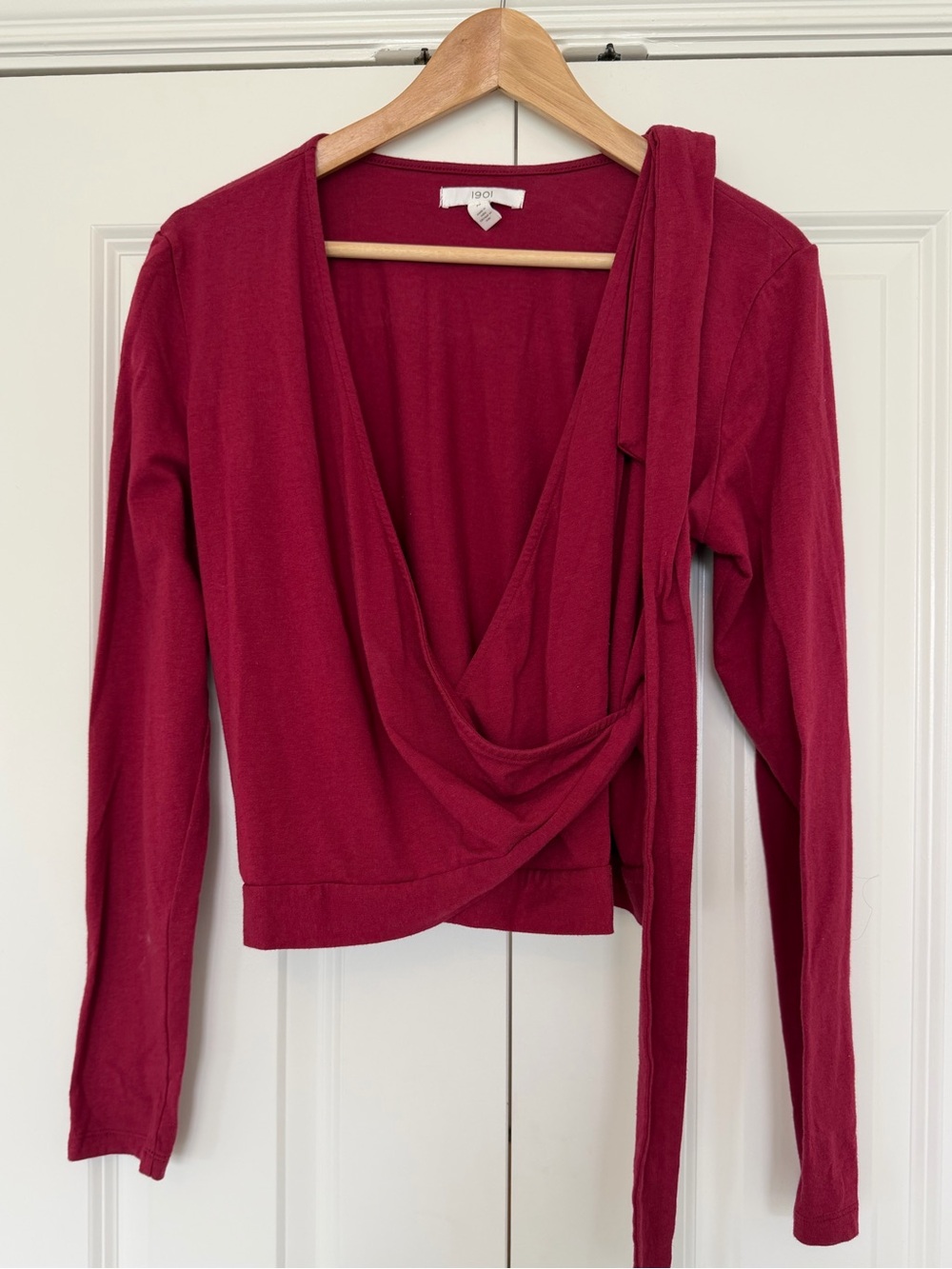 1901 Wine Red Wrap-Front Long Sleeve Top